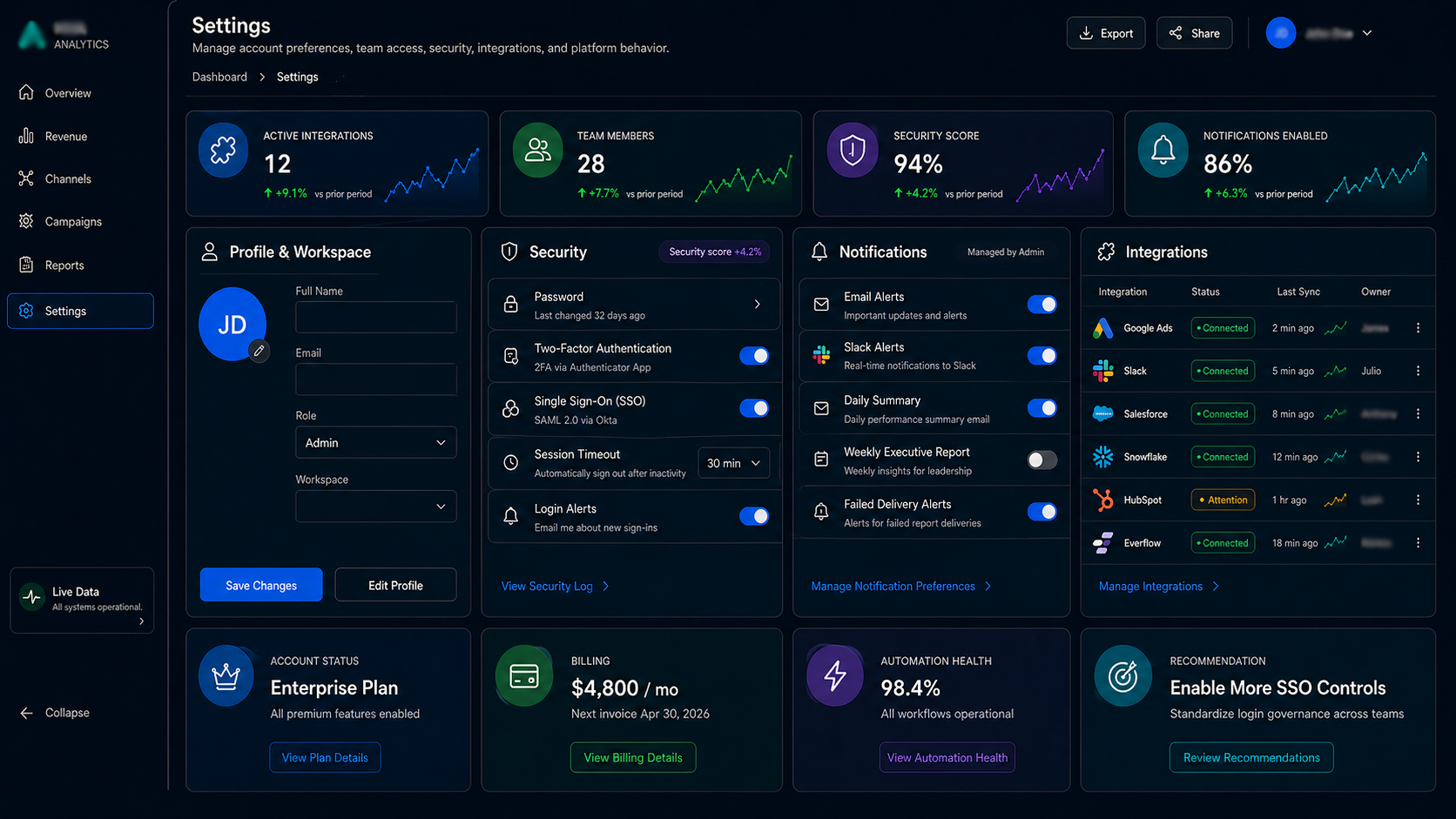Reporting App Settings